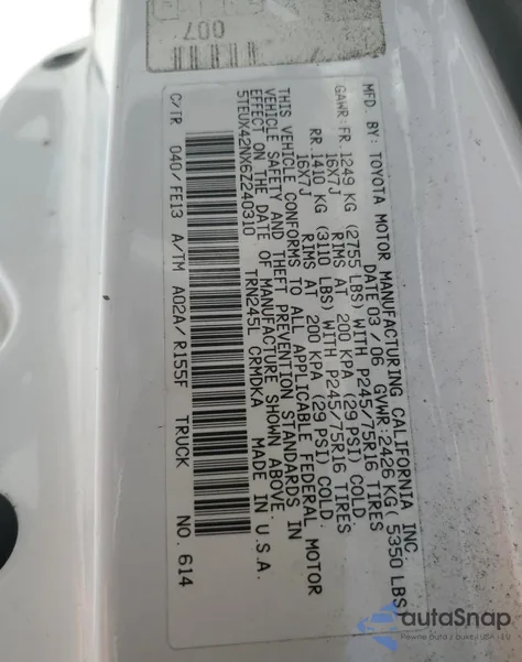 2006 Toyota Tacoma Access Cab from USA, damaged, VIN 5TEUX42NX6Z240310